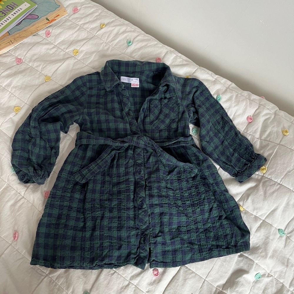Zara Girls Green and Navy Plaid Button-Front Dress